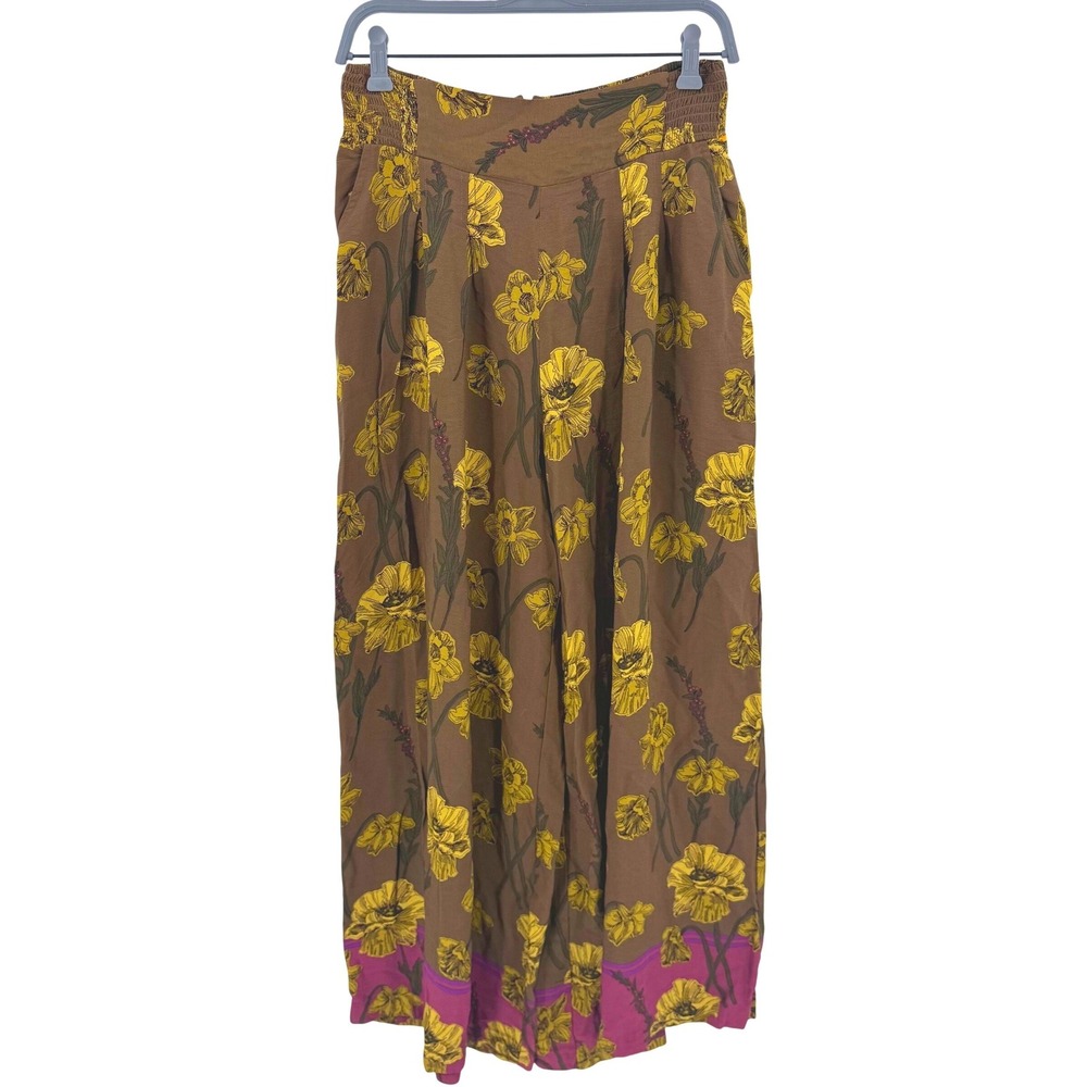Maeve Anthropologie Terrace Floral Wide Leg Pants Brown Yellow Poppy Smocked 6 - Picture 2 of 9